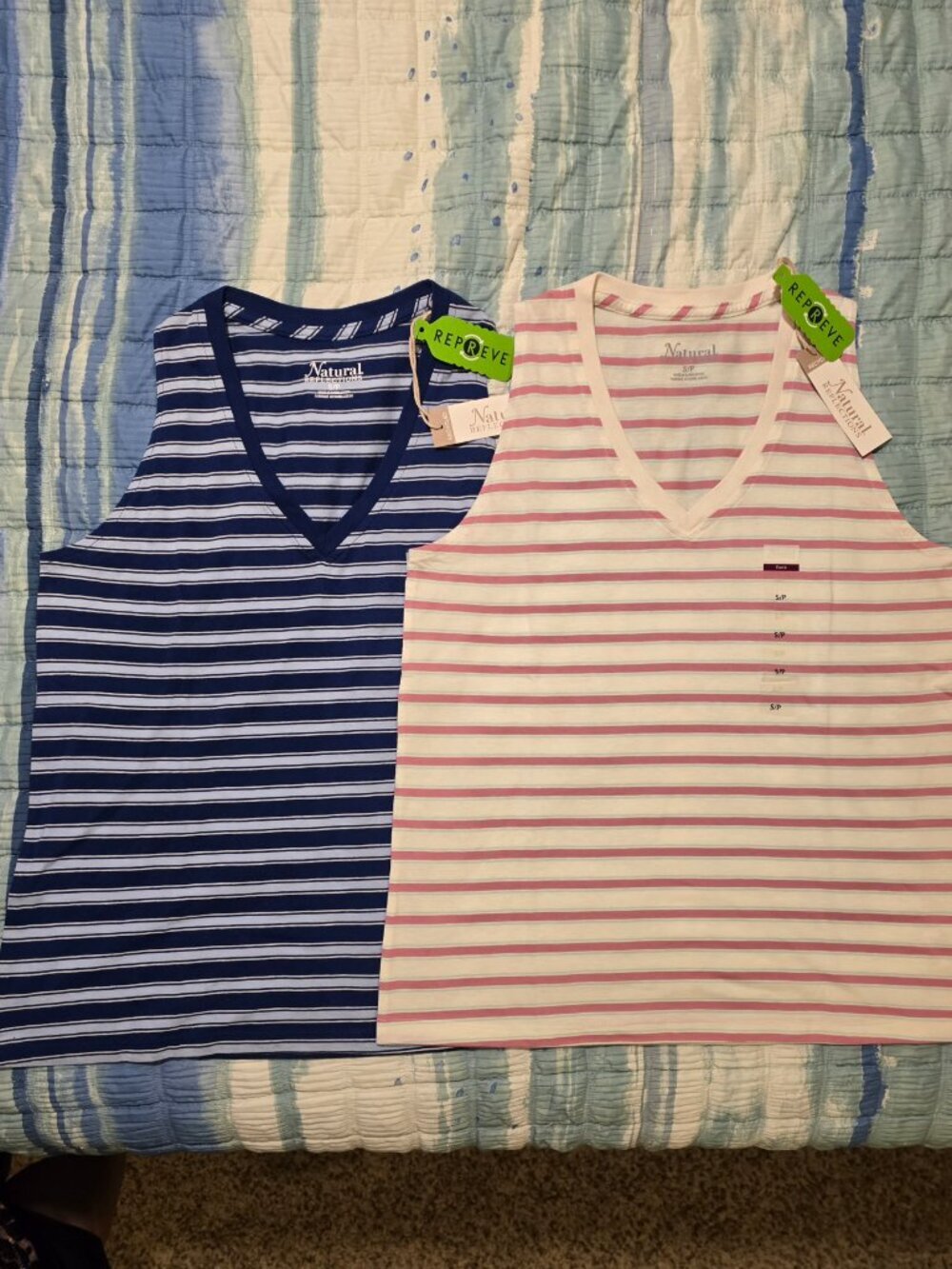 Natural Reflections Everyday REPREVE V-Neck Tank Tops - Navy and Rose Stripe NWT